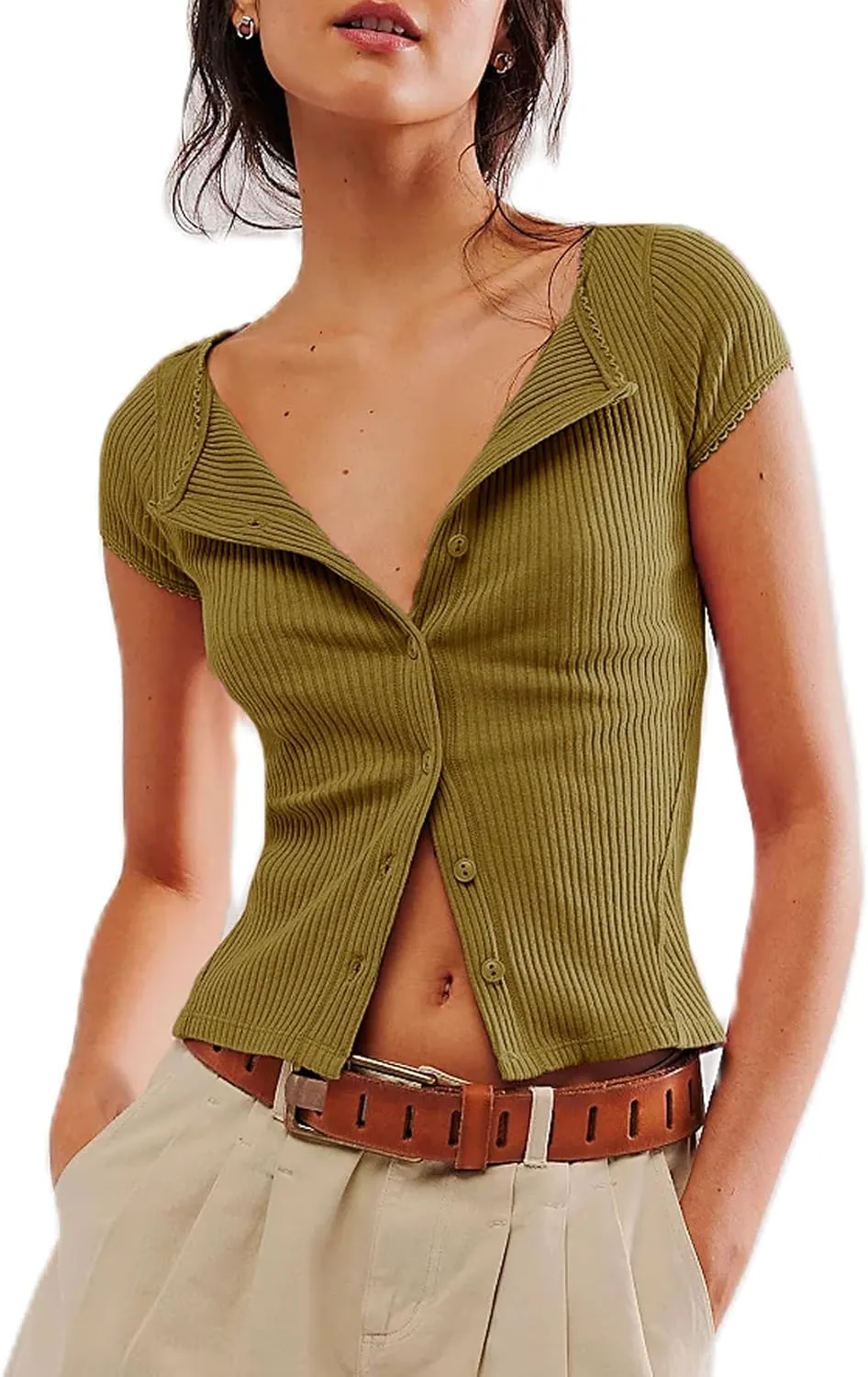 Women Button Up Top Cap Sleeve Rib Kint Picot Trim Shirt Slim Fit Y2k Casual Basic Cardigan Tops