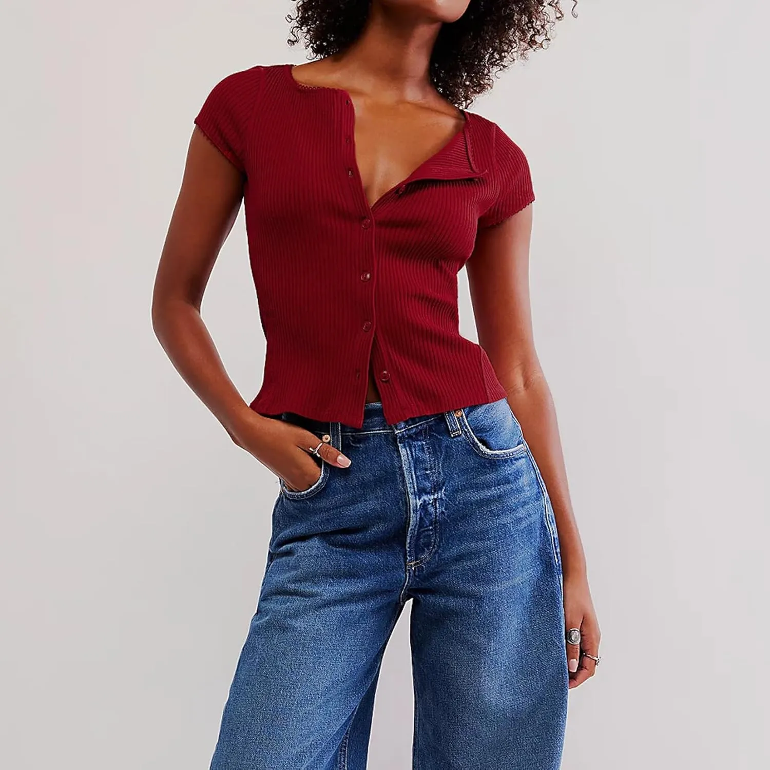 Women Button Up Top Cap Sleeve Rib Kint Picot Trim Shirt Slim Fit Y2k Casual Basic Cardigan Tops