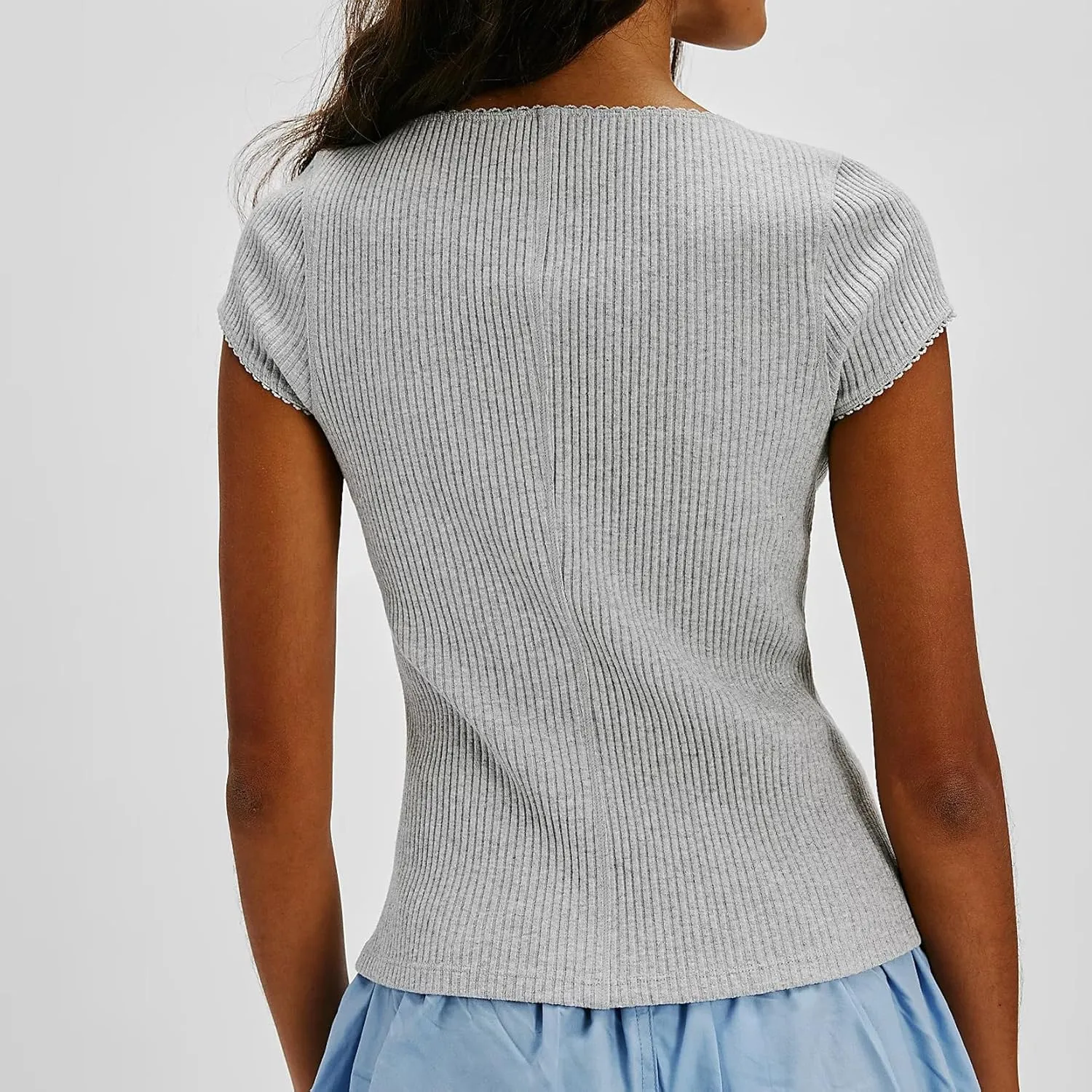 Women Button Up Top Cap Sleeve Rib Kint Picot Trim Shirt Slim Fit Y2k Casual Basic Cardigan Tops