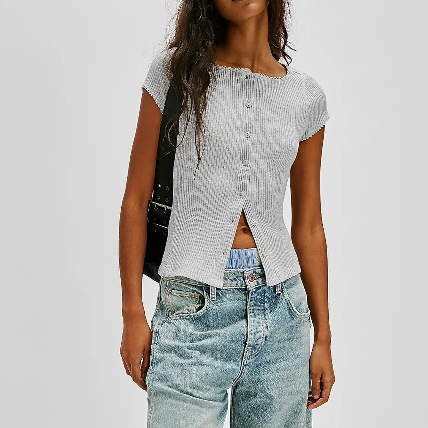 Women Button Up Top Cap Sleeve Rib Kint Picot Trim Shirt Slim Fit Y2k Casual Basic Cardigan Tops