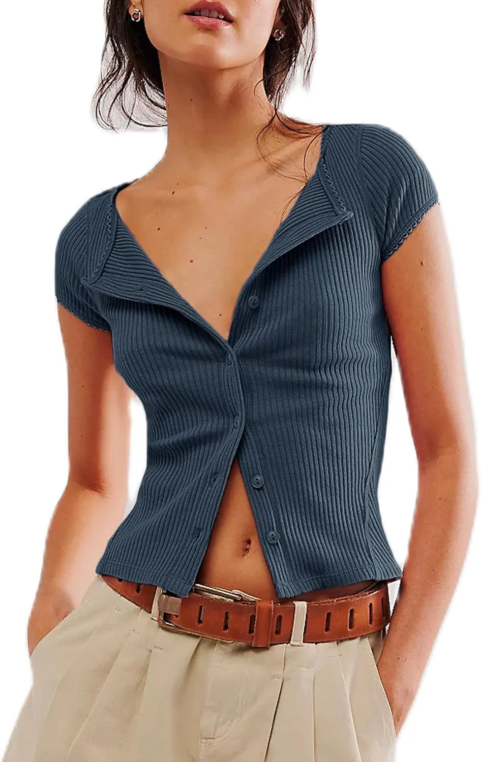 Women Button Up Top Cap Sleeve Rib Kint Picot Trim Shirt Slim Fit Y2k Casual Basic Cardigan Tops
