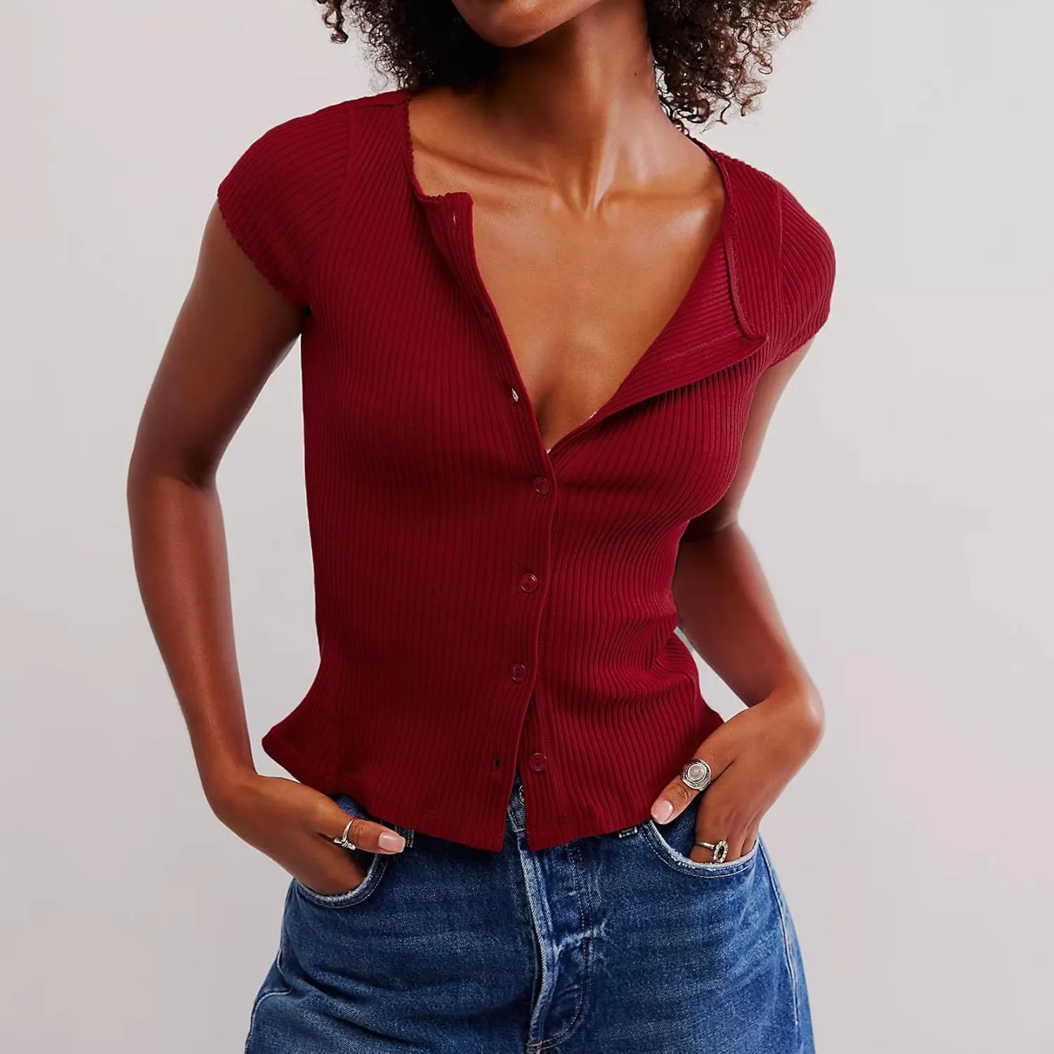 Women Button Up Top Cap Sleeve Rib Kint Picot Trim Shirt Slim Fit Y2k Casual Basic Cardigan Tops