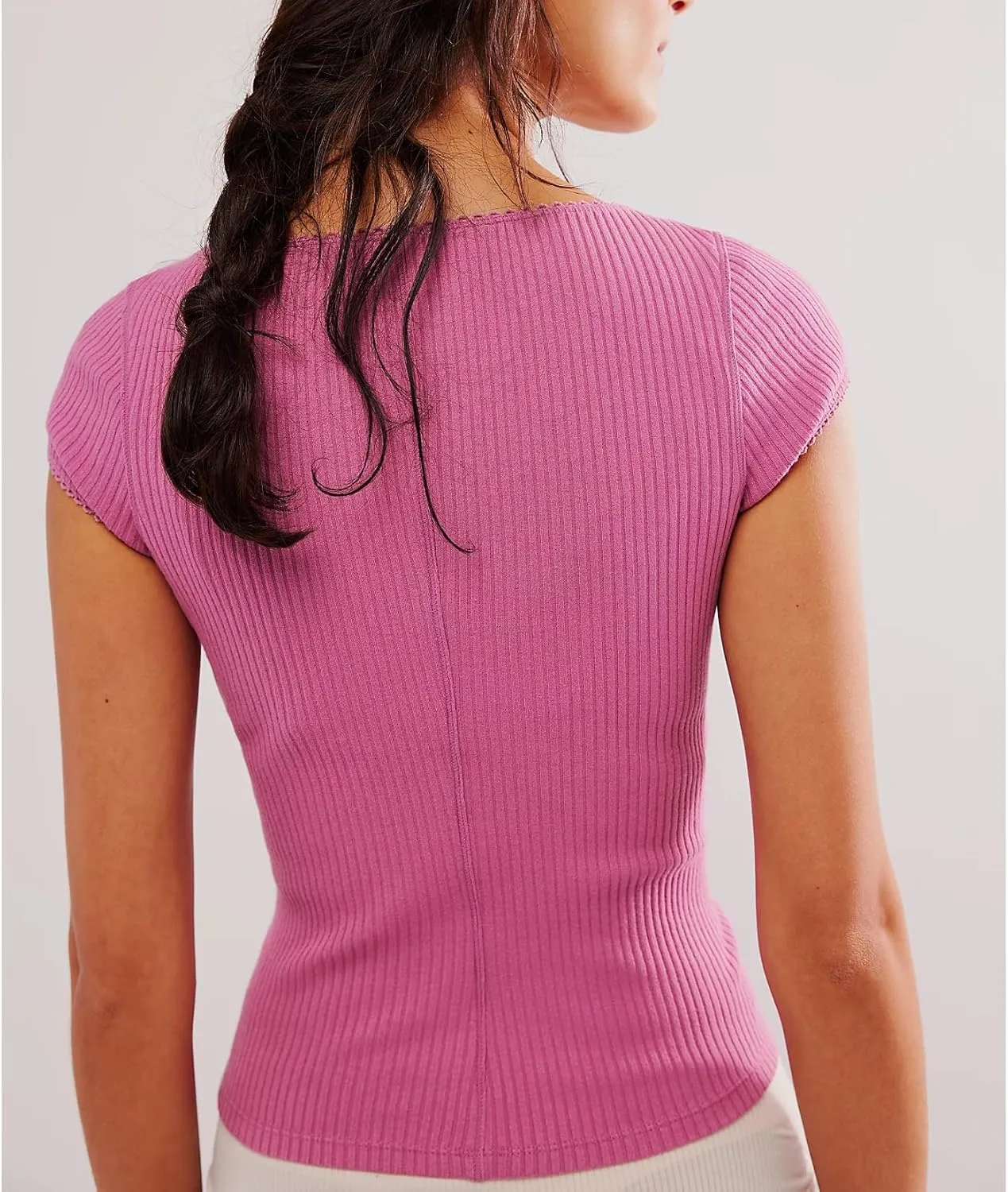 Women Button Up Top Cap Sleeve Rib Kint Picot Trim Shirt Slim Fit Y2k Casual Basic Cardigan Tops