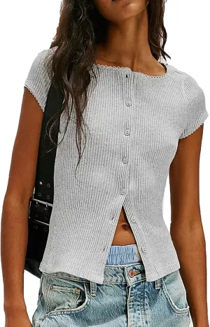 Women Button Up Top Cap Sleeve Rib Kint Picot Trim Shirt Slim Fit Y2k Casual Basic Cardigan Tops
