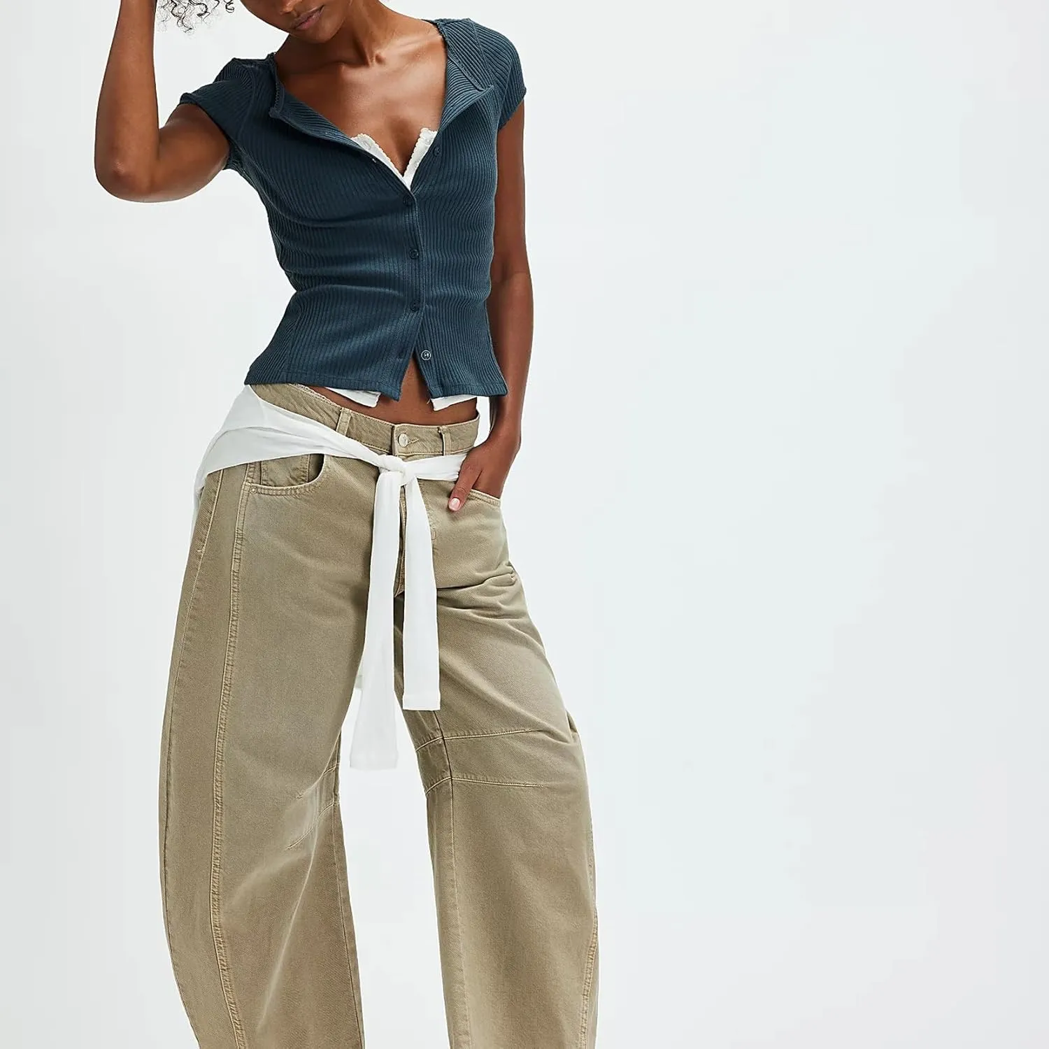 Women Button Up Top Cap Sleeve Rib Kint Picot Trim Shirt Slim Fit Y2k Casual Basic Cardigan Tops