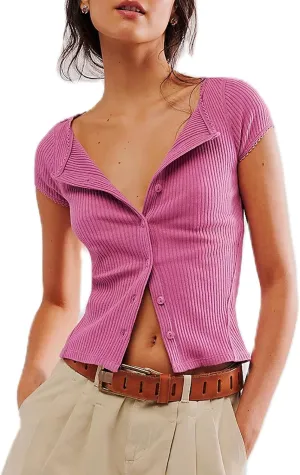 Women Button Up Top Cap Sleeve Rib Kint Picot Trim Shirt Slim Fit Y2k Casual Basic Cardigan Tops