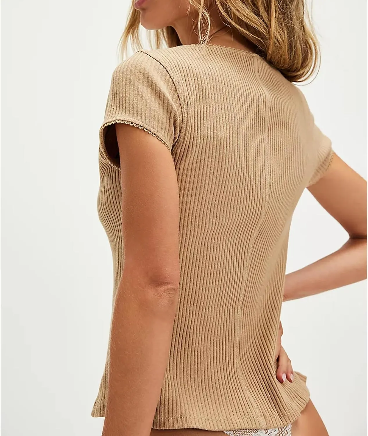 Women Button Up Top Cap Sleeve Rib Kint Picot Trim Shirt Slim Fit Y2k Casual Basic Cardigan Tops