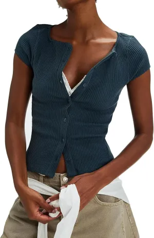 Women Button Up Top Cap Sleeve Rib Kint Picot Trim Shirt Slim Fit Y2k Casual Basic Cardigan Tops