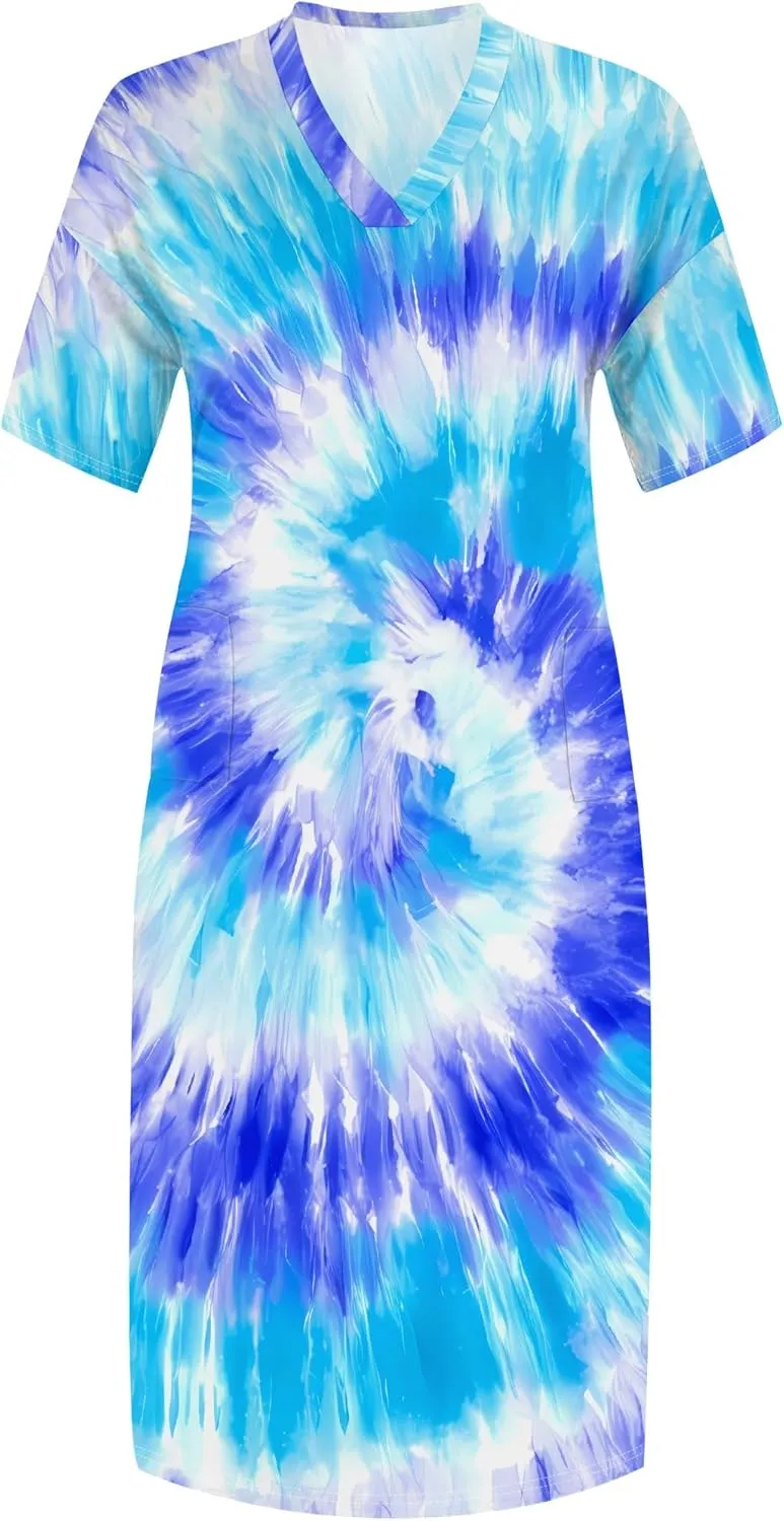 Women Casual T-Shirt Dress V Neck Short Sleeve with Front Two Pockets Solid Color Oversize Dresses