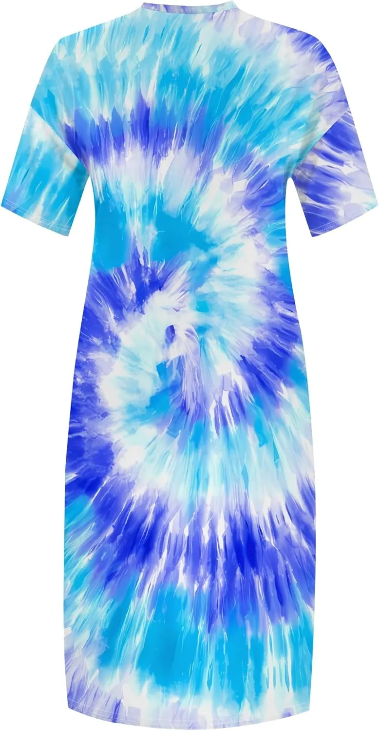 Women Casual T-Shirt Dress V Neck Short Sleeve with Front Two Pockets Solid Color Oversize Dresses