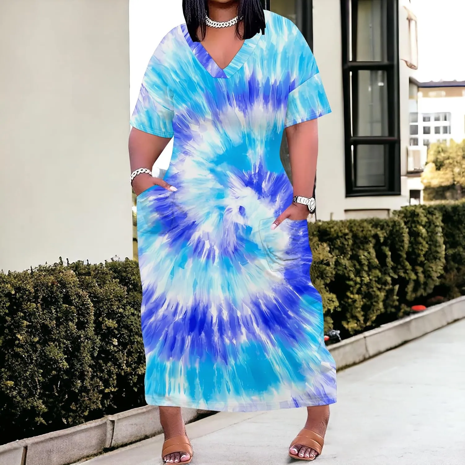 Women Casual T-Shirt Dress V Neck Short Sleeve with Front Two Pockets Solid Color Oversize Dresses