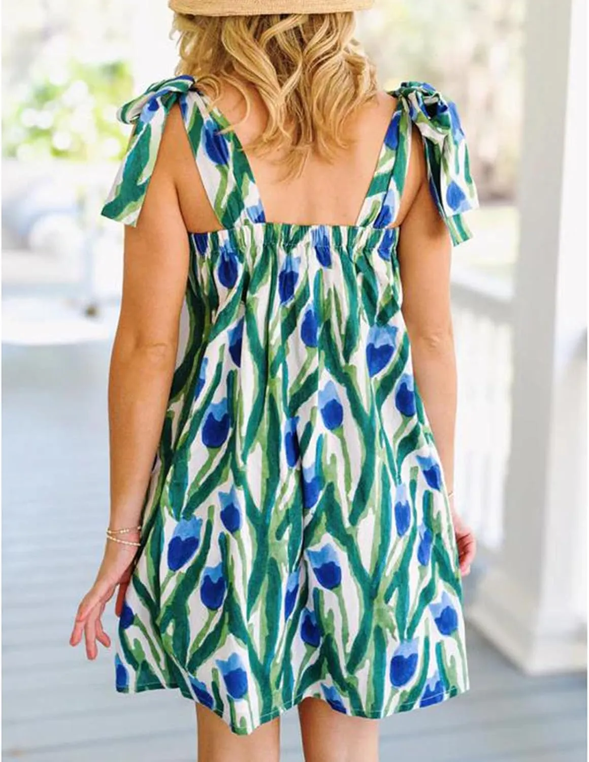 Women Floral Print Sleeveless Mini Dress Cute Bow Pleated Ruffle Hem Short Dress Summer Loose Fit Babydoll Dresses