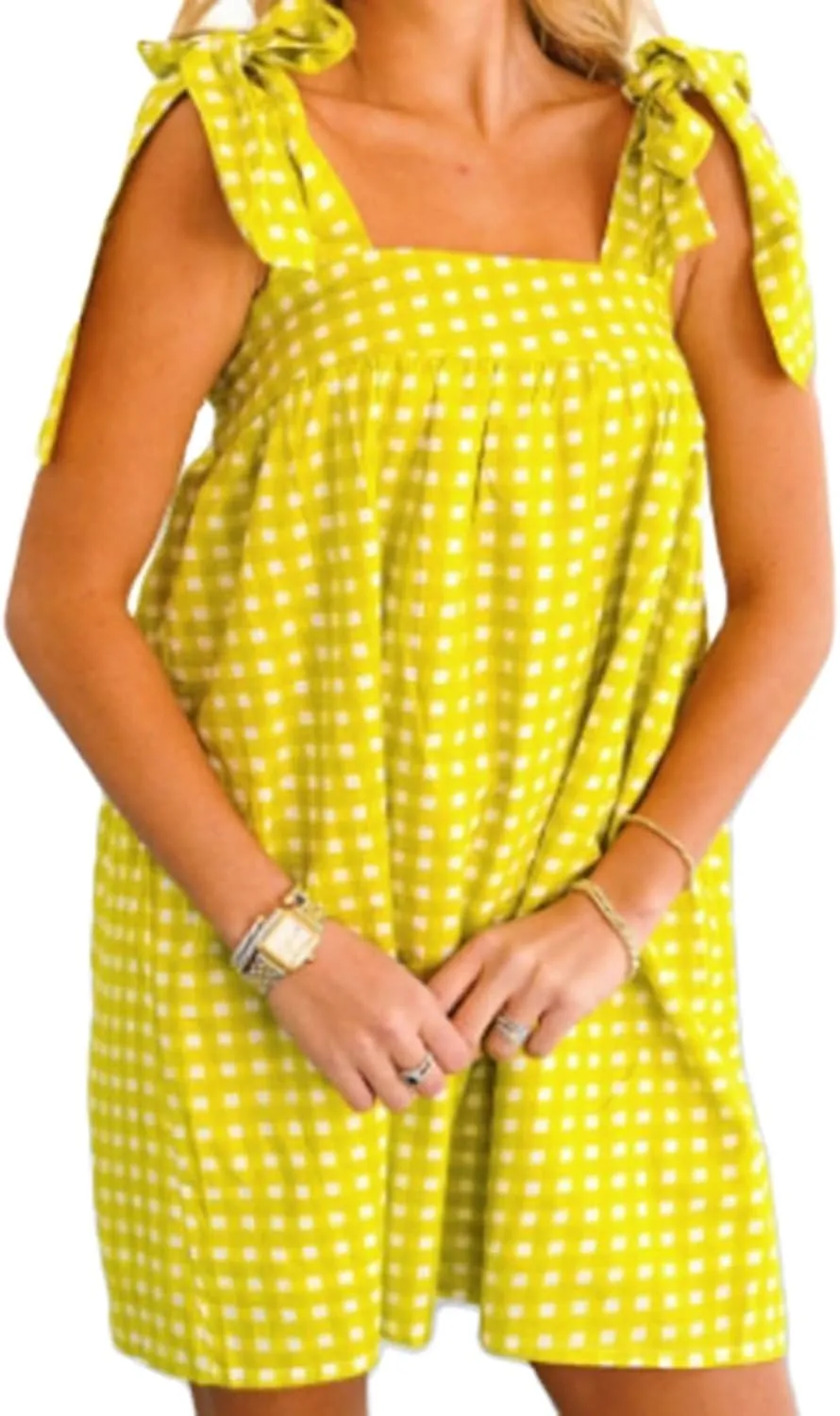 Women Floral Print Sleeveless Mini Dress Cute Bow Pleated Ruffle Hem Short Dress Summer Loose Fit Babydoll Dresses