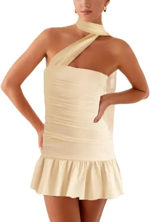 Women Floral Printed Tube Mini Dress Sexy Strapless Solid Color Bodycon Ruffle Hem Bandeau Short Dress with Scarf