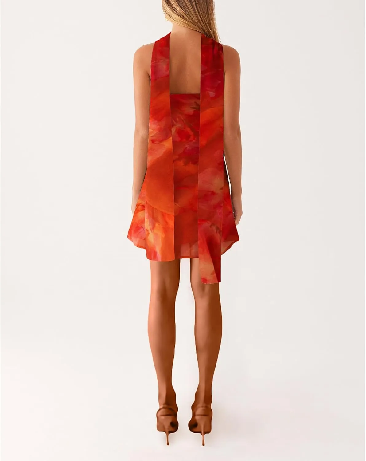 Women Floral Printed Tube Mini Dress Sexy Strapless Solid Color Bodycon Ruffle Hem Bandeau Short Dress with Scarf