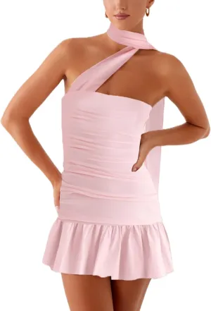 Women Floral Printed Tube Mini Dress Sexy Strapless Solid Color Bodycon Ruffle Hem Bandeau Short Dress with Scarf