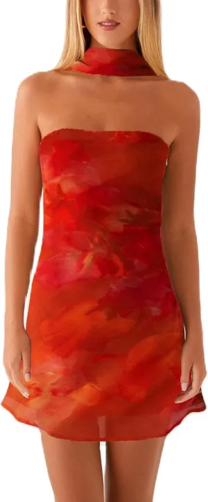 Women Floral Printed Tube Mini Dress Sexy Strapless Solid Color Bodycon Ruffle Hem Bandeau Short Dress with Scarf