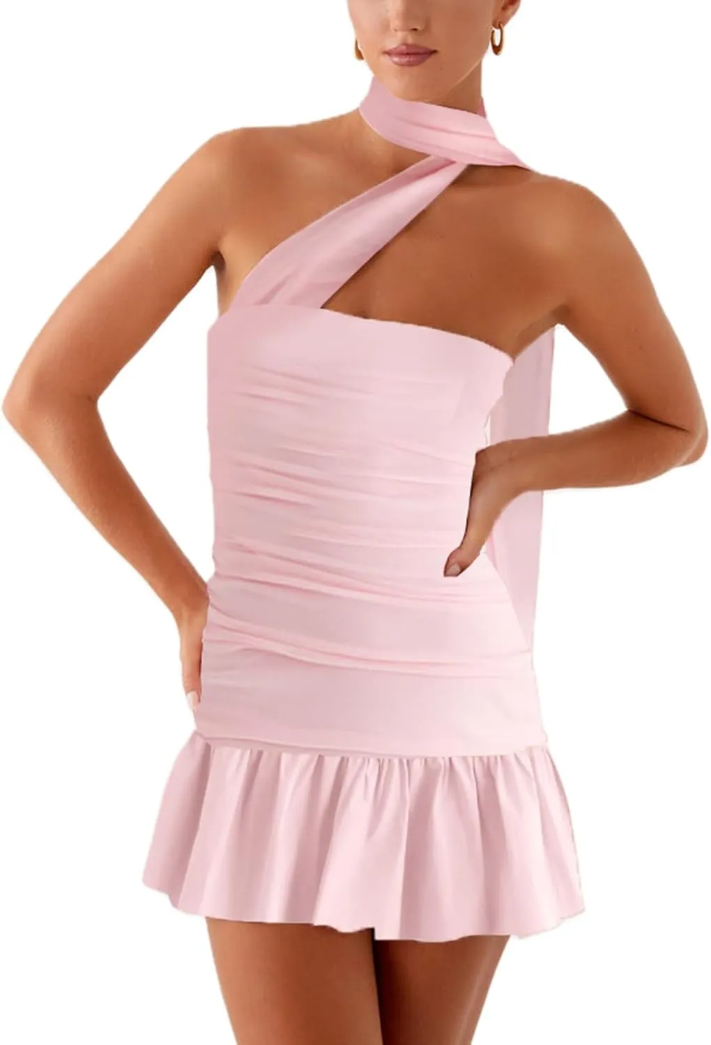 Women Floral Printed Tube Mini Dress Sexy Strapless Solid Color Bodycon Ruffle Hem Bandeau Short Dress with Scarf