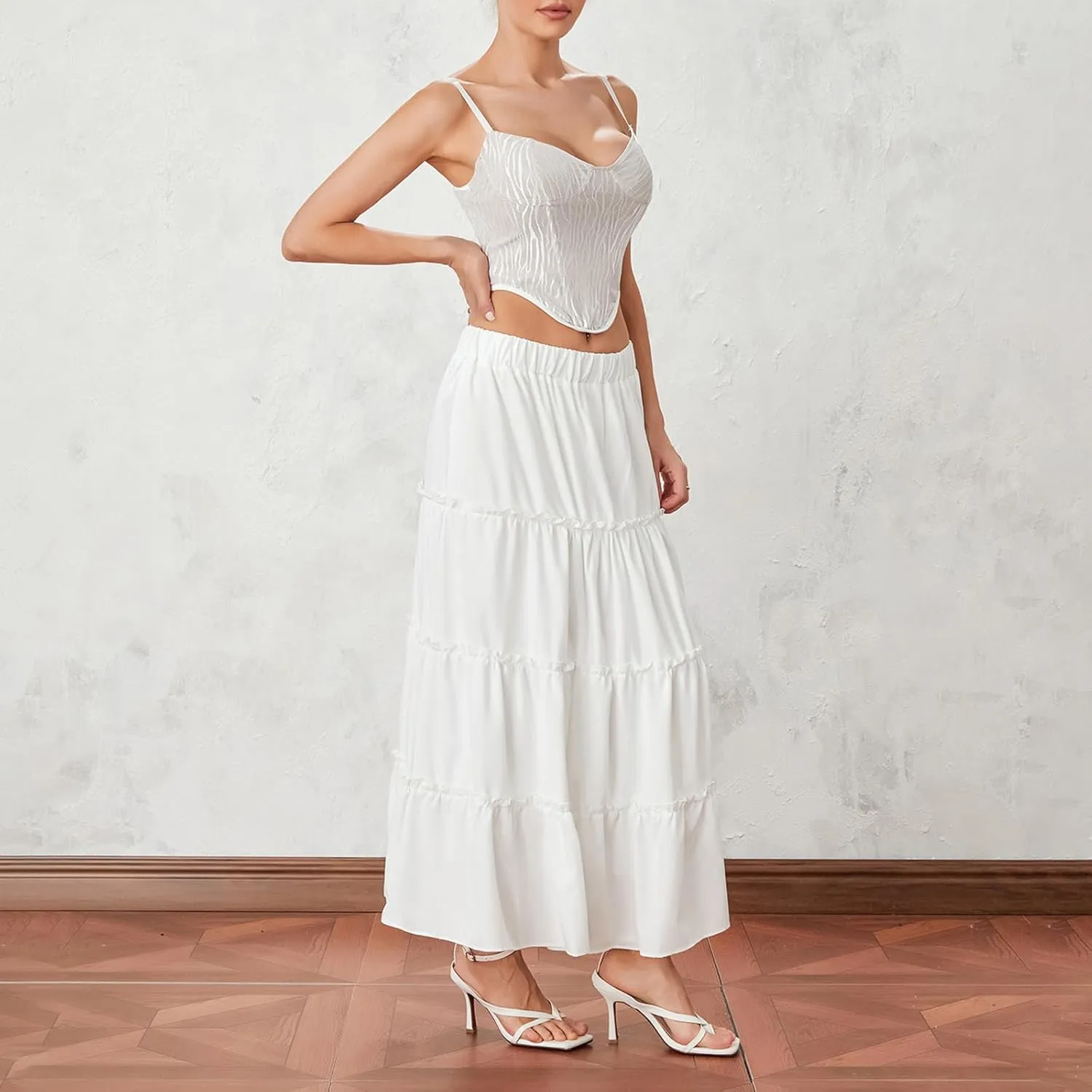 Women Flowy Maxi Skirt Elastic Waist Tiered Long Skirts Loose A-Line Ruffle Swing Skirt Solid Boho Pleated Skirt