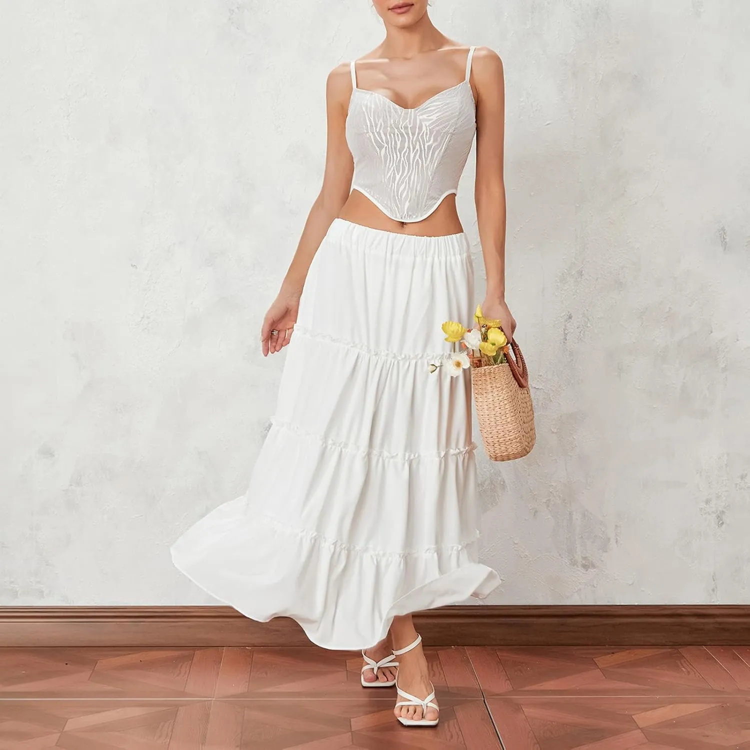 Women Flowy Maxi Skirt Elastic Waist Tiered Long Skirts Loose A-Line Ruffle Swing Skirt Solid Boho Pleated Skirt