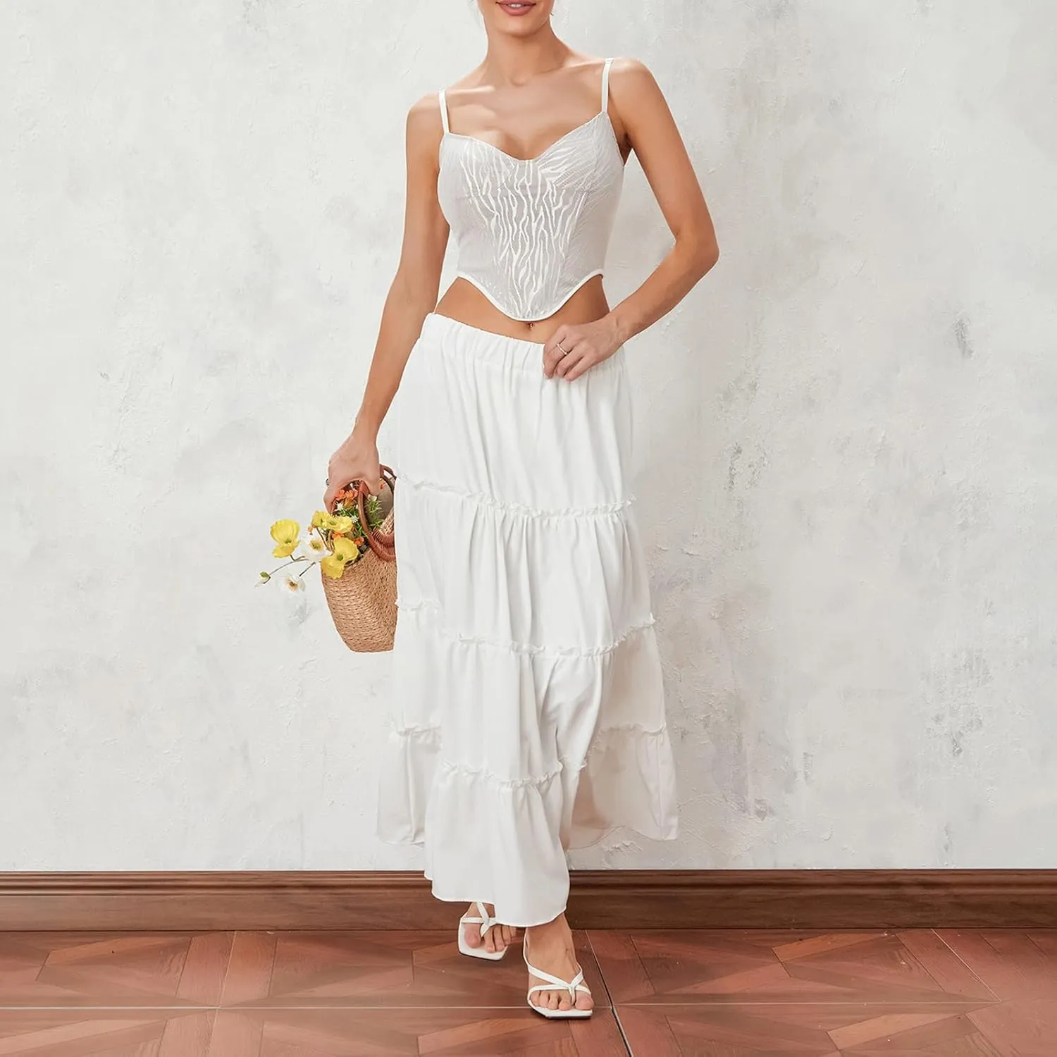 Women Flowy Maxi Skirt Elastic Waist Tiered Long Skirts Loose A-Line Ruffle Swing Skirt Solid Boho Pleated Skirt