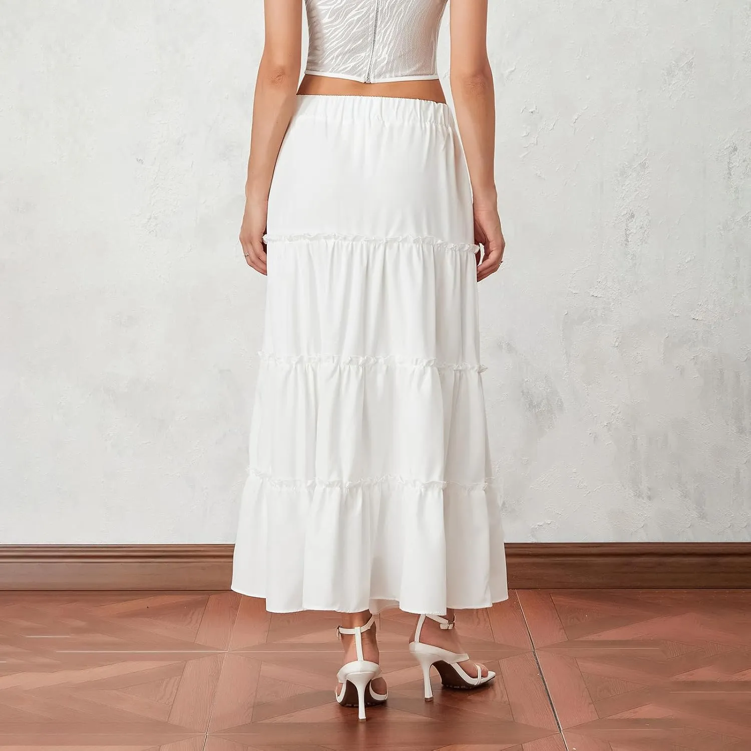 Women Flowy Maxi Skirt Elastic Waist Tiered Long Skirts Loose A-Line Ruffle Swing Skirt Solid Boho Pleated Skirt