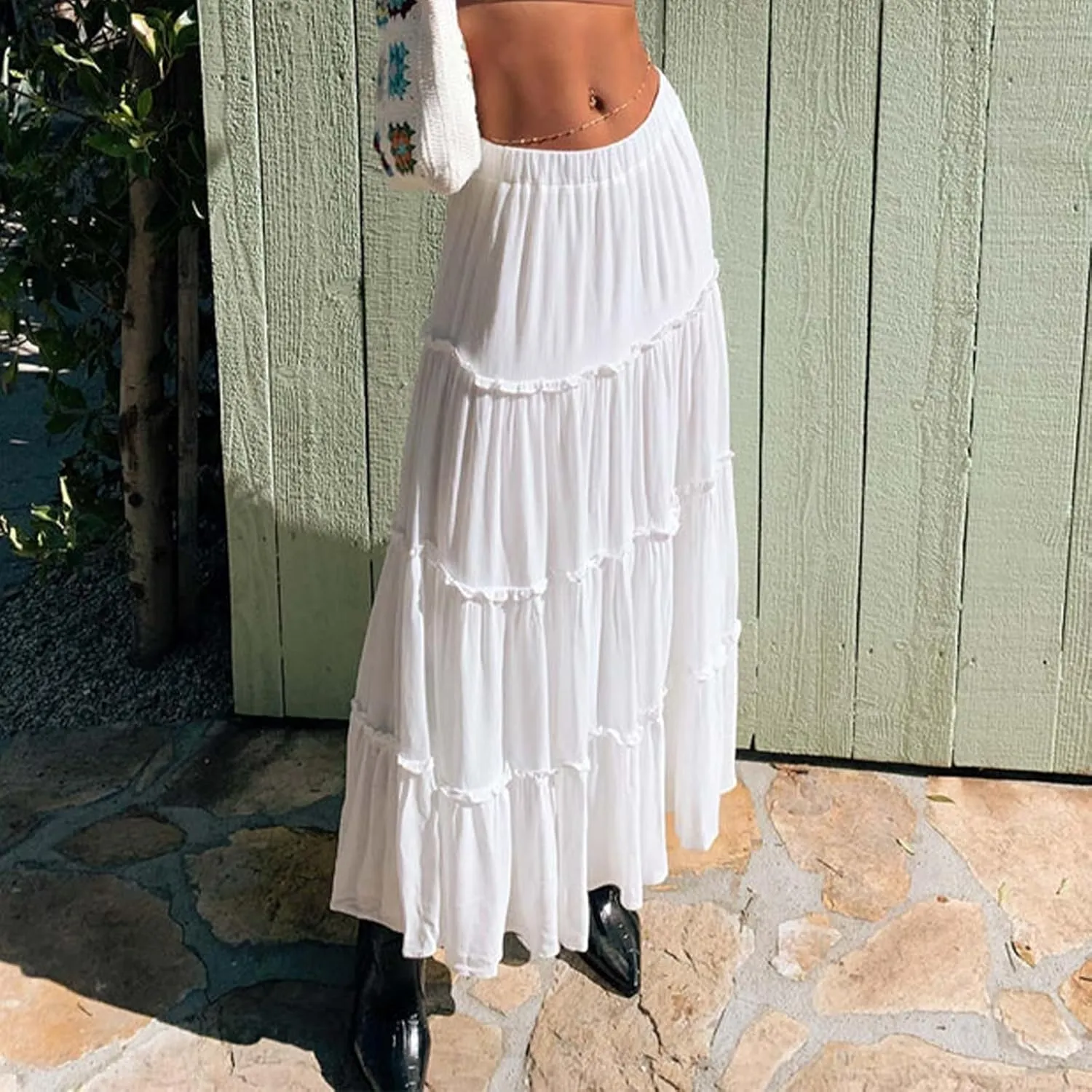 Women Flowy Maxi Skirt Elastic Waist Tiered Long Skirts Loose A-Line Ruffle Swing Skirt Solid Boho Pleated Skirt