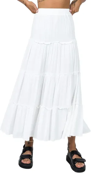 Women Flowy Maxi Skirt Elastic Waist Tiered Long Skirts Loose A-Line Ruffle Swing Skirt Solid Boho Pleated Skirt