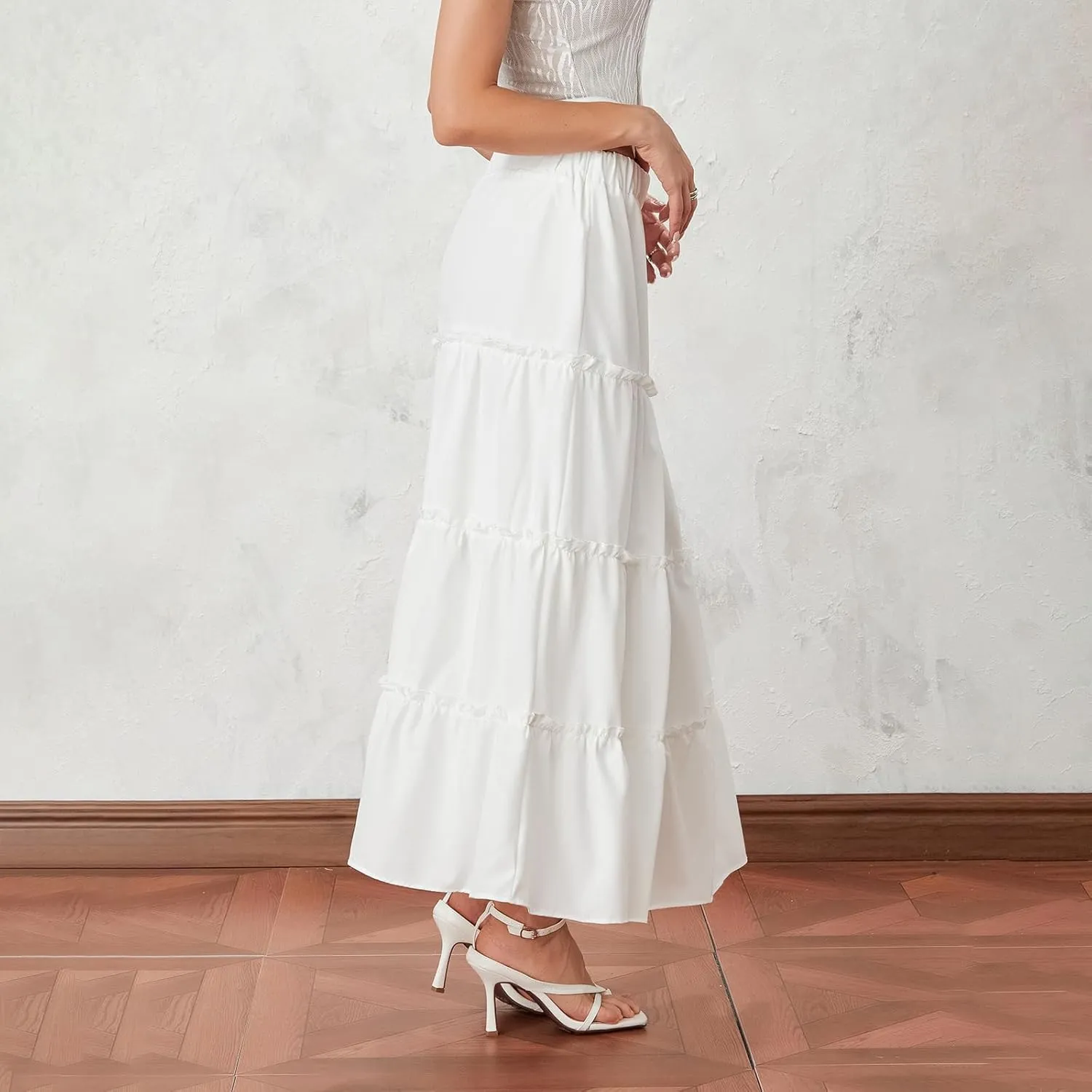 Women Flowy Maxi Skirt Elastic Waist Tiered Long Skirts Loose A-Line Ruffle Swing Skirt Solid Boho Pleated Skirt
