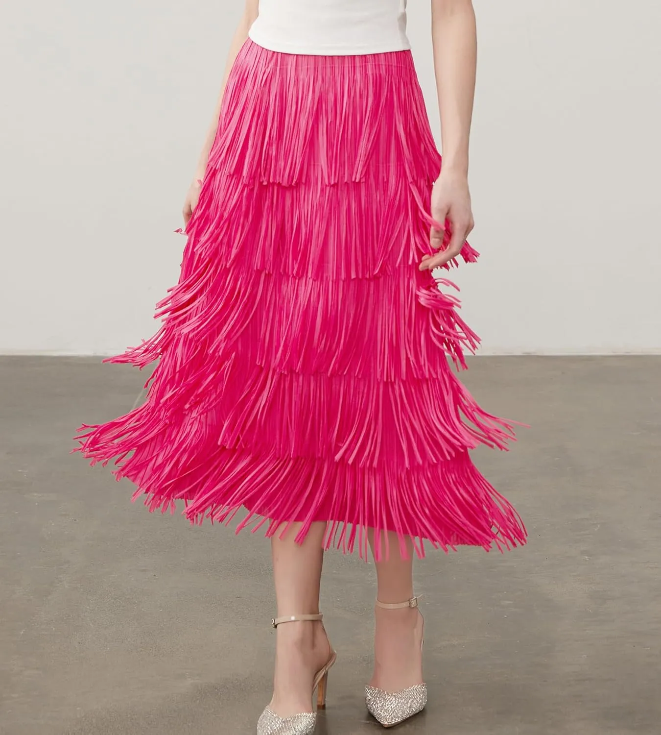 Women Fringe Skirt Elastic Waist Tiered Tassel Bodycon Midi Pencil Skirts for Night-Out Party Daily