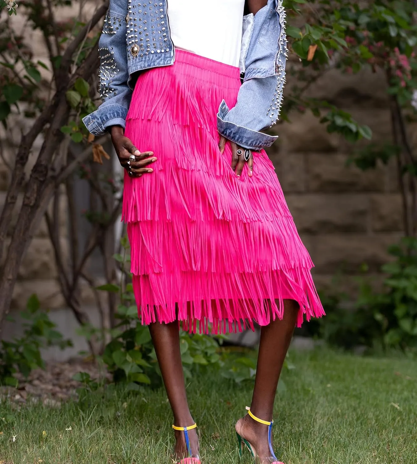 Women Fringe Skirt Elastic Waist Tiered Tassel Bodycon Midi Pencil Skirts for Night-Out Party Daily