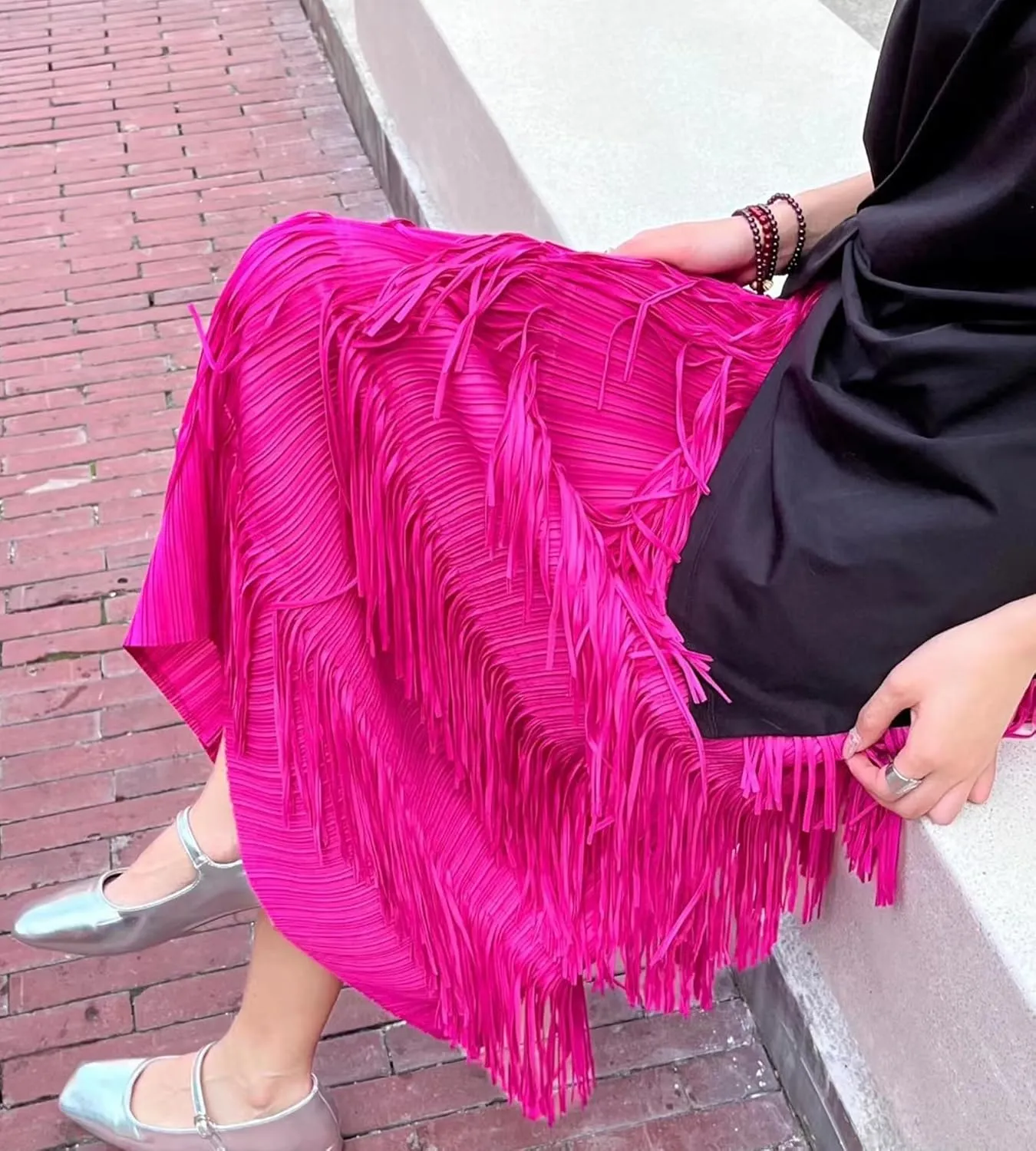 Women Fringe Skirt Elastic Waist Tiered Tassel Bodycon Midi Pencil Skirts for Night-Out Party Daily