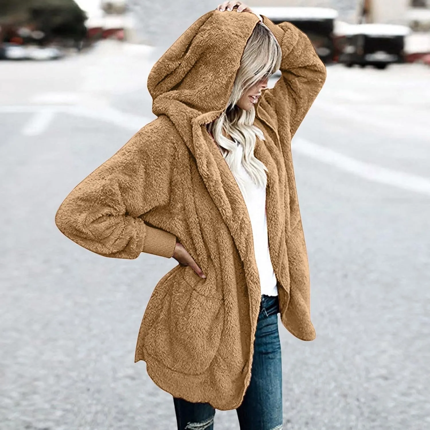Women Hooded Cardigan Solid Oversized Open Front Hoodies Fleece Fuzzy Jacket 2024 Winter Warm Sherpa Coat With Pocket