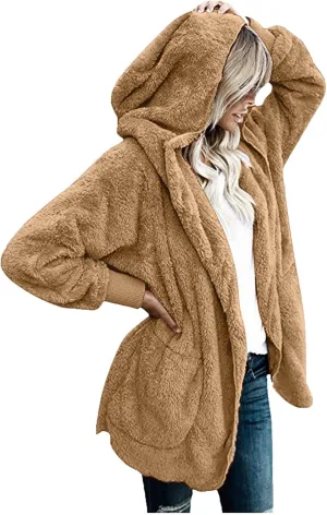 Women Hooded Cardigan Solid Oversized Open Front Hoodies Fleece Fuzzy Jacket 2024 Winter Warm Sherpa Coat With Pocket