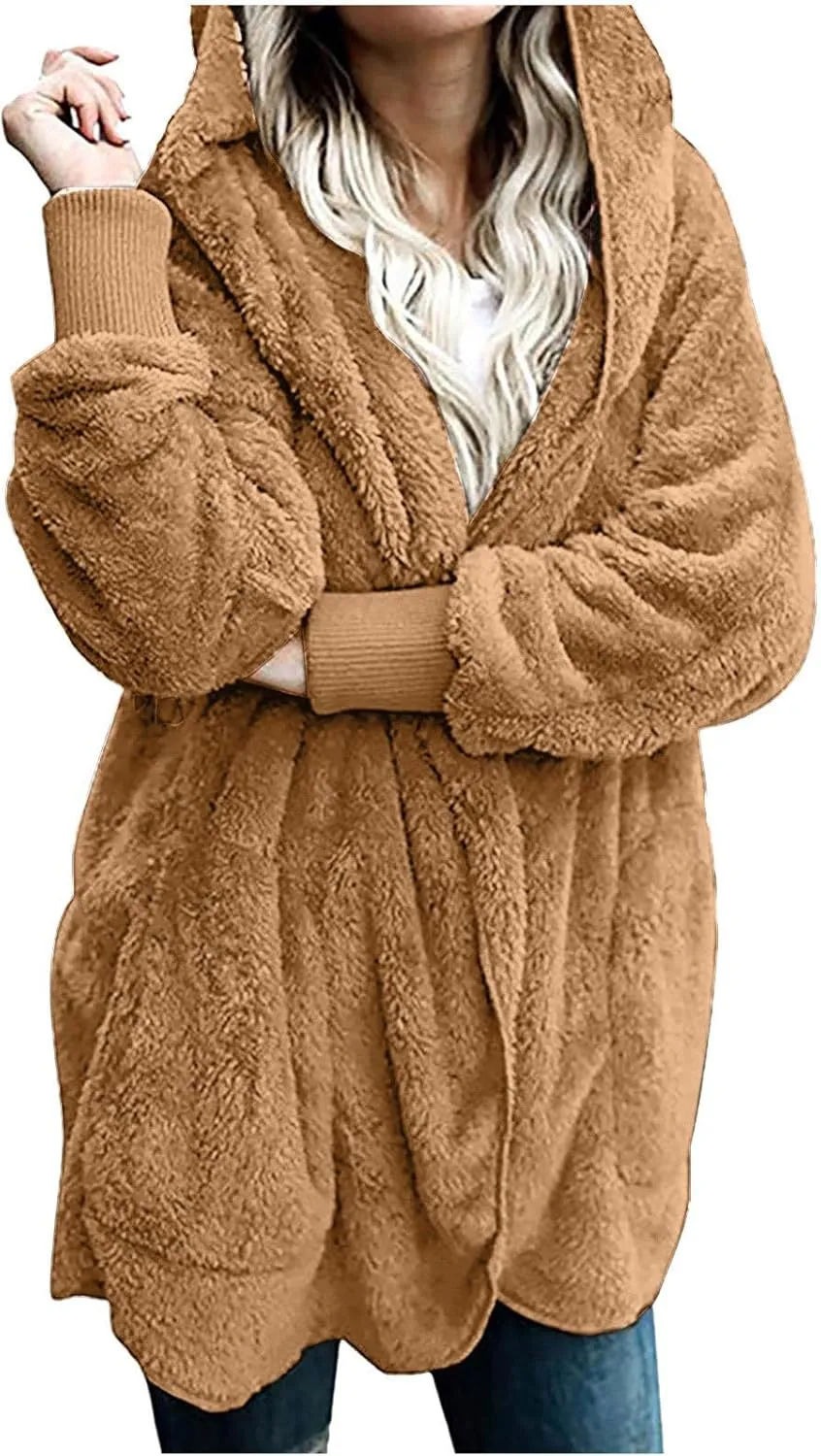 Women Hooded Cardigan Solid Oversized Open Front Hoodies Fleece Fuzzy Jacket 2024 Winter Warm Sherpa Coat With Pocket