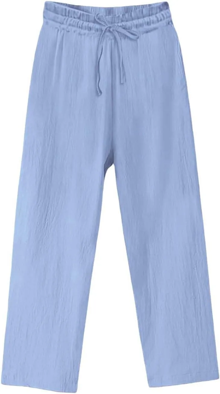 Women Linen Palazzo Pants Wide Leg,High Waist Casual Lounge Pant with Pockets Trendy Plus Size Loose Trousers Pants