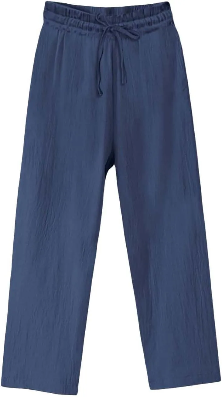 Women Linen Palazzo Pants Wide Leg,High Waist Casual Lounge Pant with Pockets Trendy Plus Size Loose Trousers Pants