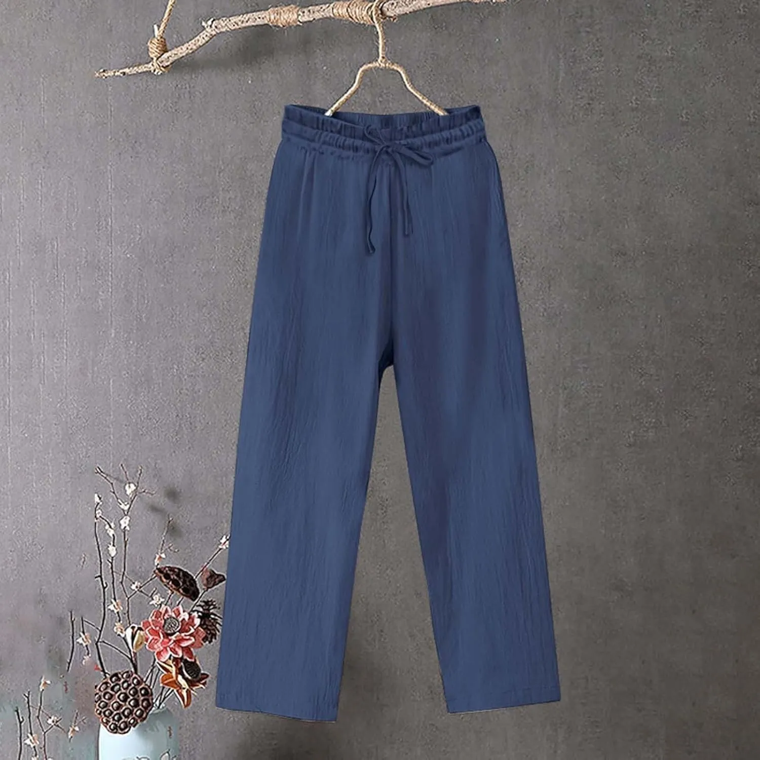 Women Linen Palazzo Pants Wide Leg,High Waist Casual Lounge Pant with Pockets Trendy Plus Size Loose Trousers Pants