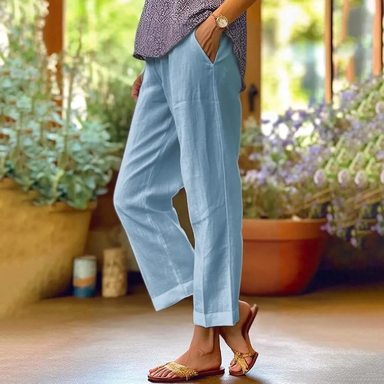 Women Linen Pants Solid Elastic Pants Long Drawstring Linen Women Waist Cotton Casual Pants Casual Button Up Flowy