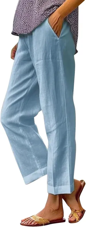 Women Linen Pants Solid Elastic Pants Long Drawstring Linen Women Waist Cotton Casual Pants Casual Button Up Flowy