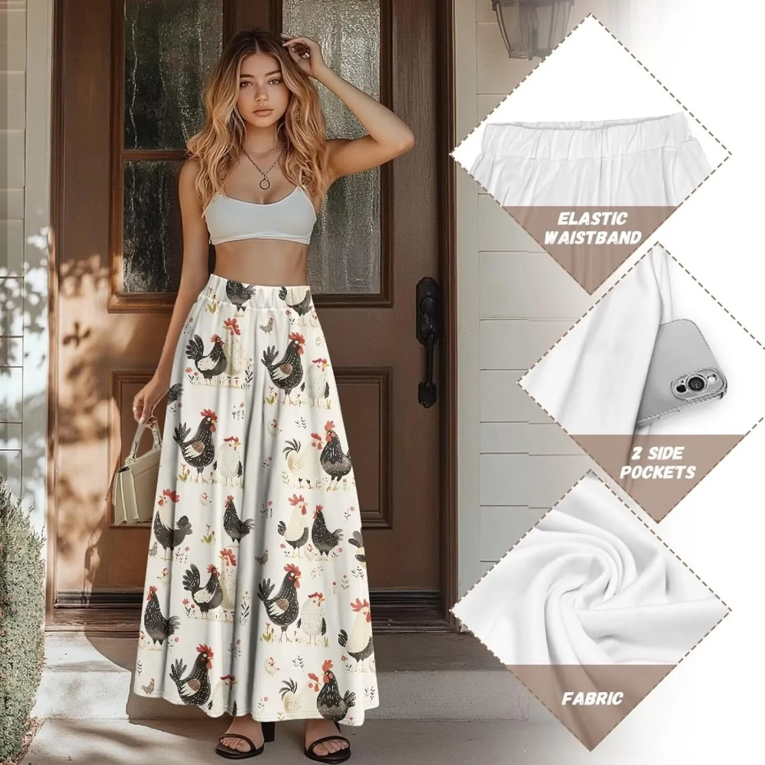 Women Long Skirts with Pockets Bohemian Casual Flowy High Waisted Ankle Length Maxi Skirt for Party Prom