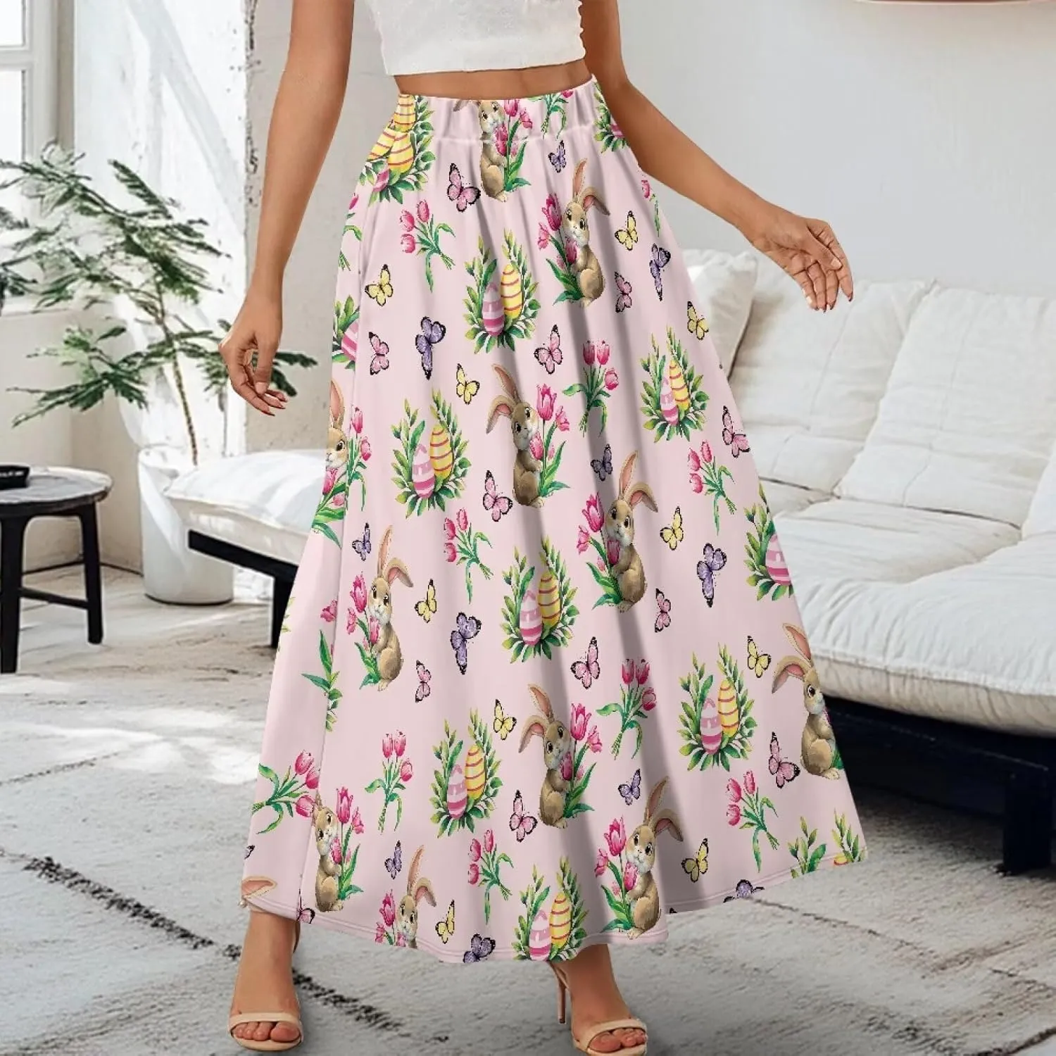 Women Long Skirts with Pockets Bohemian Casual Flowy High Waisted Ankle Length Maxi Skirt for Party Prom