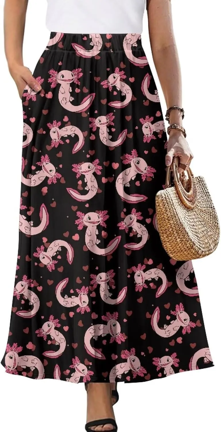 Women Long Skirts with Pockets Bohemian Casual Flowy High Waisted Ankle Length Maxi Skirt for Party Prom