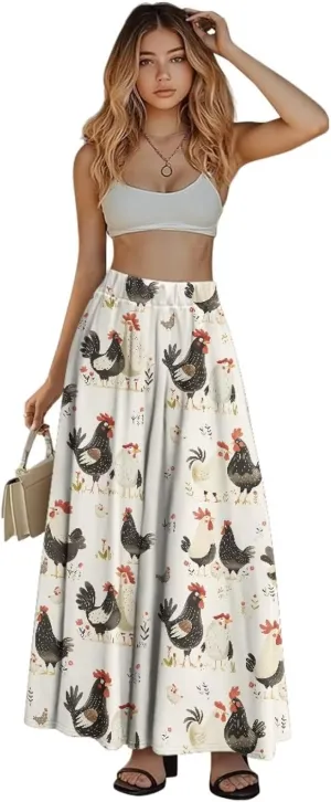 Women Long Skirts with Pockets Bohemian Casual Flowy High Waisted Ankle Length Maxi Skirt for Party Prom