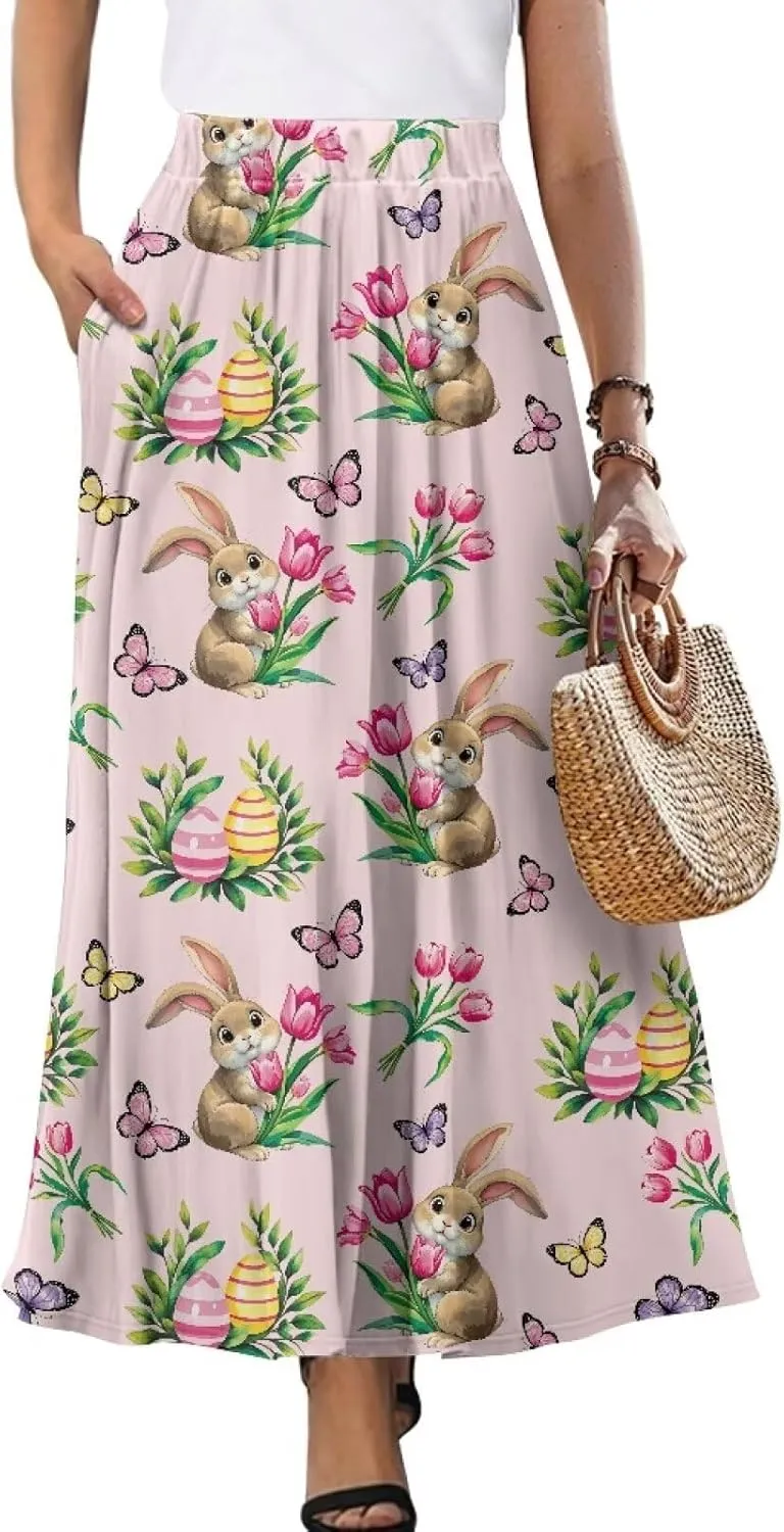Women Long Skirts with Pockets Bohemian Casual Flowy High Waisted Ankle Length Maxi Skirt for Party Prom