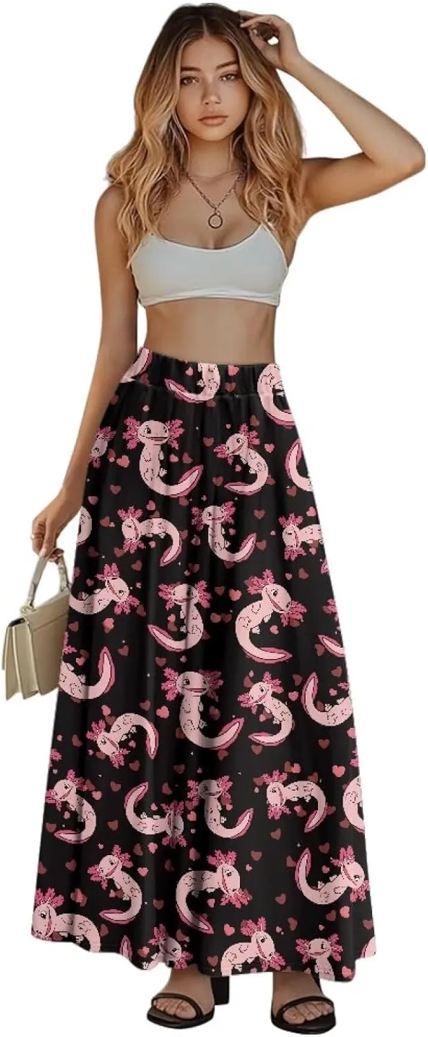 Women Long Skirts with Pockets Bohemian Casual Flowy High Waisted Ankle Length Maxi Skirt for Party Prom