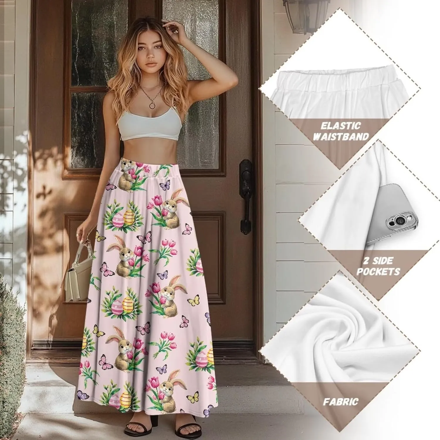 Women Long Skirts with Pockets Bohemian Casual Flowy High Waisted Ankle Length Maxi Skirt for Party Prom