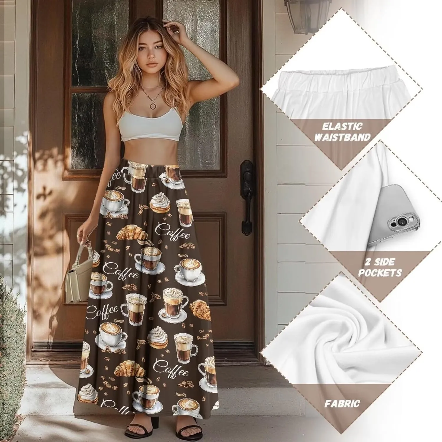 Women Long Skirts with Pockets Bohemian Casual Flowy High Waisted Ankle Length Maxi Skirt for Party Prom