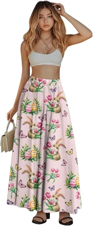 Women Long Skirts with Pockets Bohemian Casual Flowy High Waisted Ankle Length Maxi Skirt for Party Prom