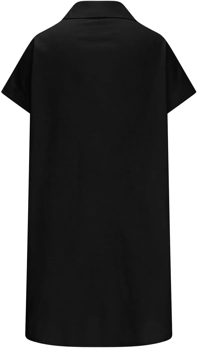 Women Loose Linen Mini Dress Summer Button Down T Shirt Dress Flowy Ruffle Short Sleeve Shift Dress with Pocket